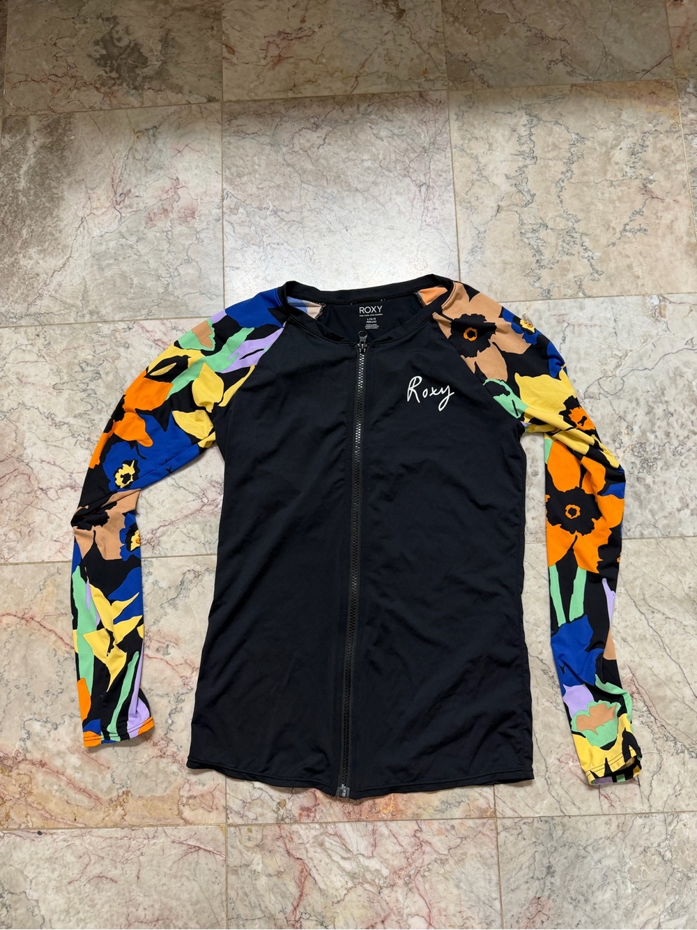 Roxy Black Zip Rash Guard with Multicolor Floral Sleeves